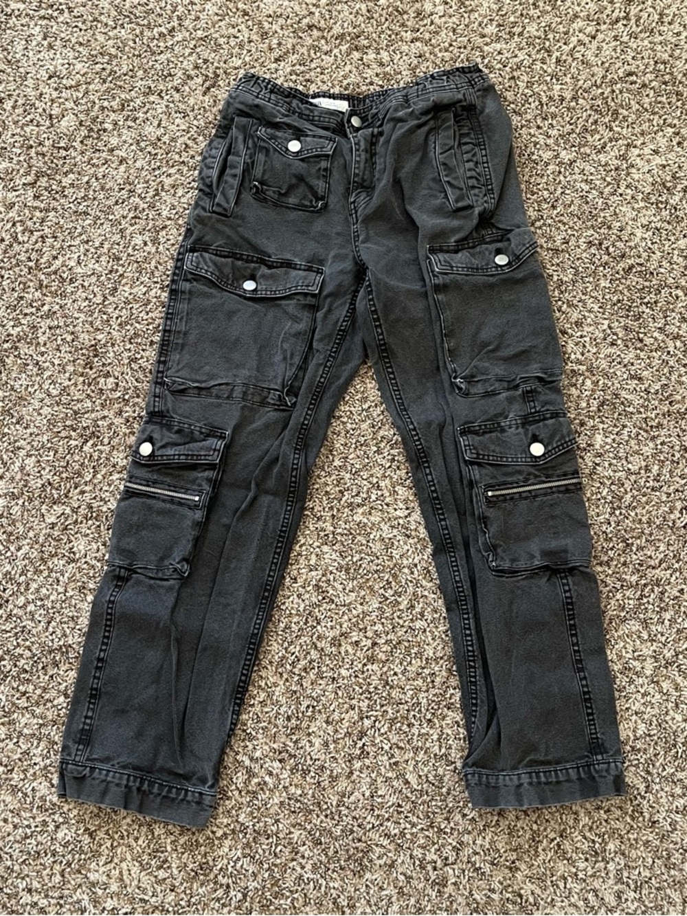 ZARA Women's Black Cargo Utility Denim 9 Pocket‎ Straight Leg Baggy Pants Size M